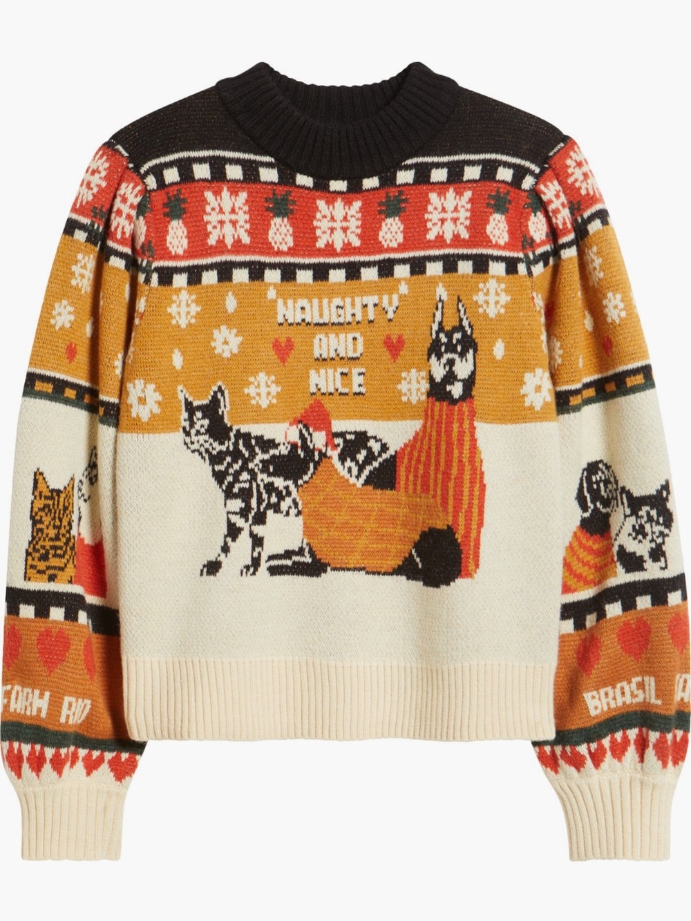 Farm Rio Multicolor Naughty And Nice Puff Sleeve Knit Sweater L Large NWT - Picture 5 of 6